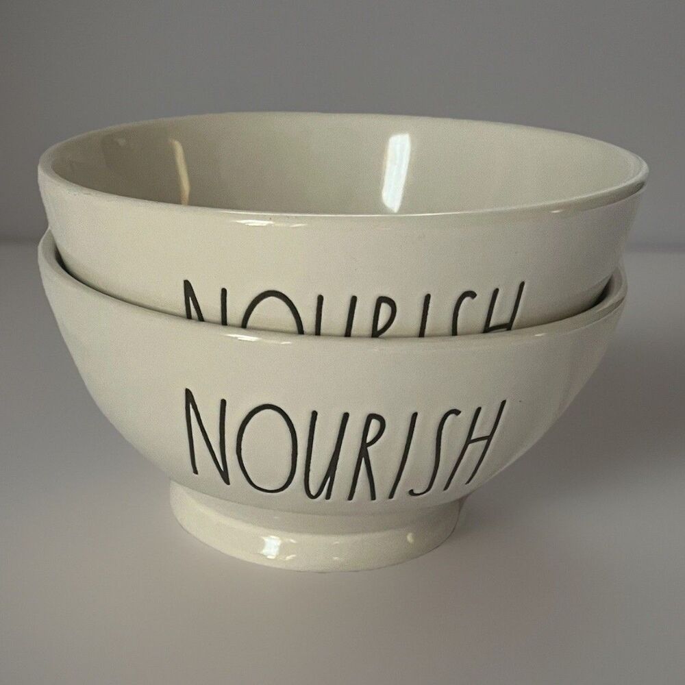 Rae Dunn NOURISH Bowl Set of 2 Artisan Collection Ceramic White Farmhouse
